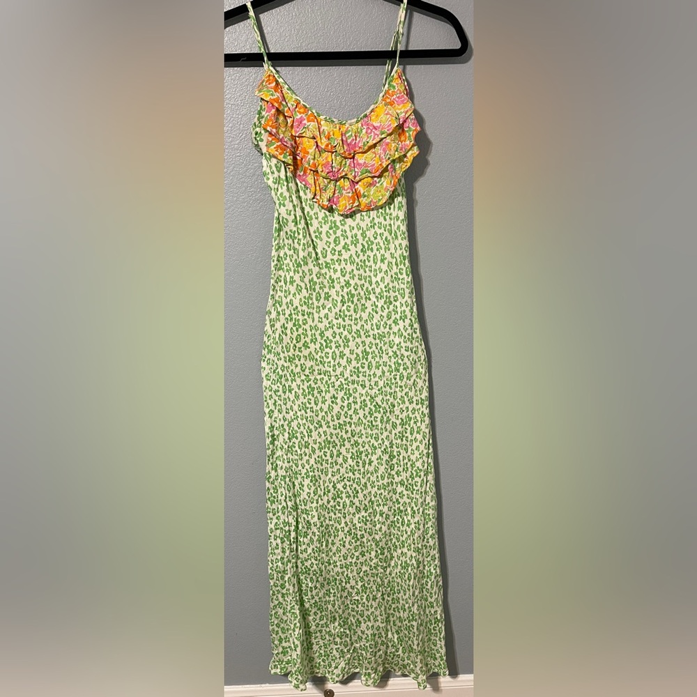 Rixo X Target Green Floral Ruffle Slip Dress Spaghetti Strap Midi Boho Y2K XS - Picture 2 of 7
